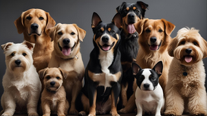 A group of nine dogs of various breeds sit and smile against a grey background, showcasing diverse fur colours and happy expressions.