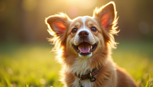 Happy dog with floppy ears and a red collar sits on grass in warm sunlight, looking directly at the camera, radiating joy.